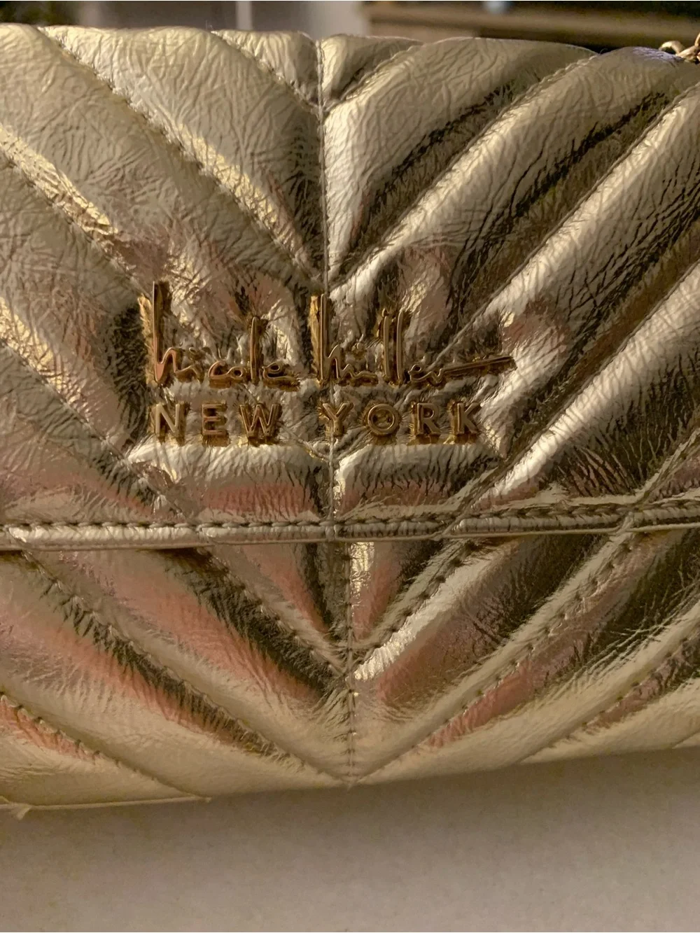 NWT Nicole Miller Metallic Gold Quilted Crossbody Bag